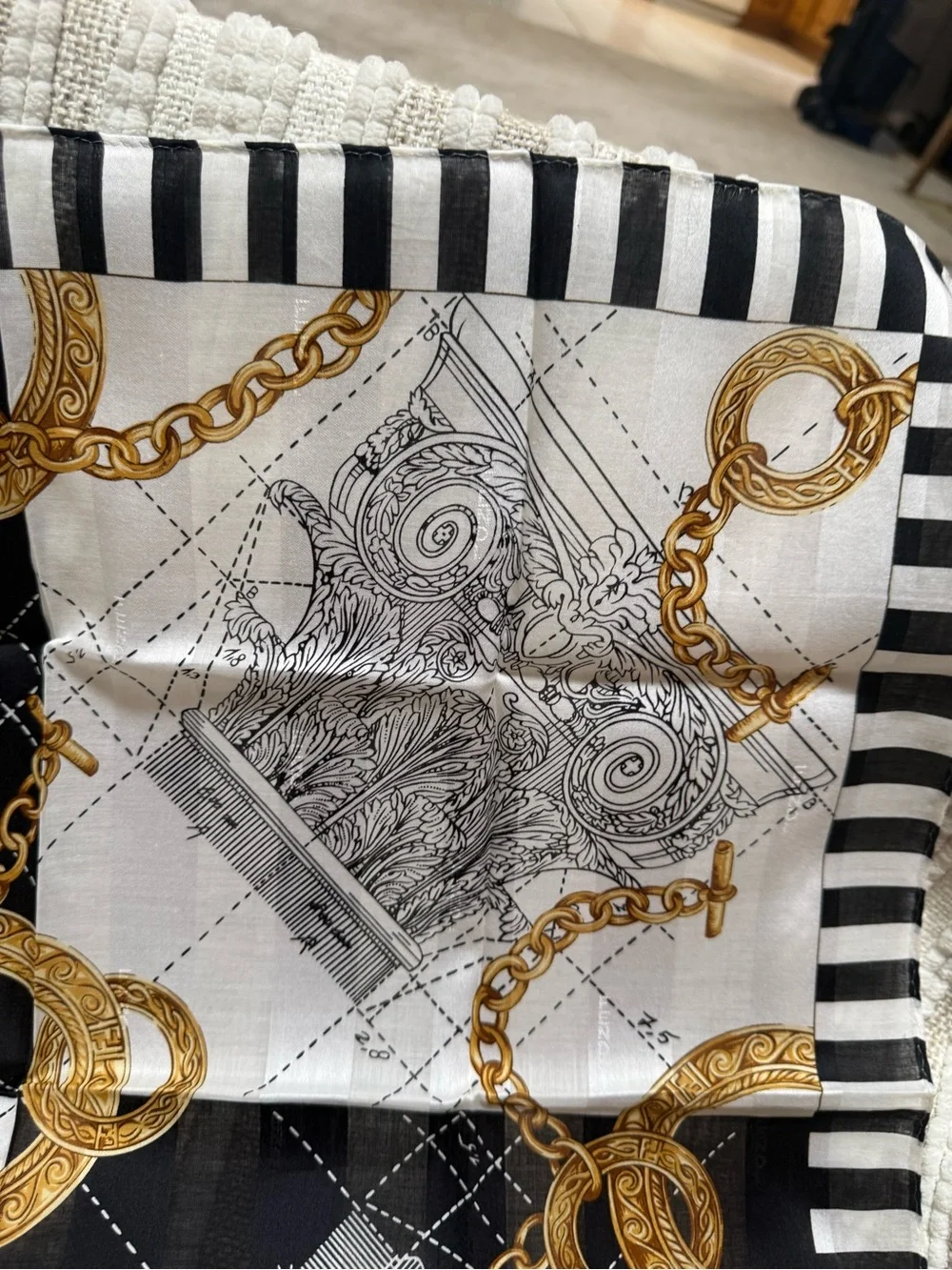 Fendi Black, White & Gold Chain-Print Silk Scarf